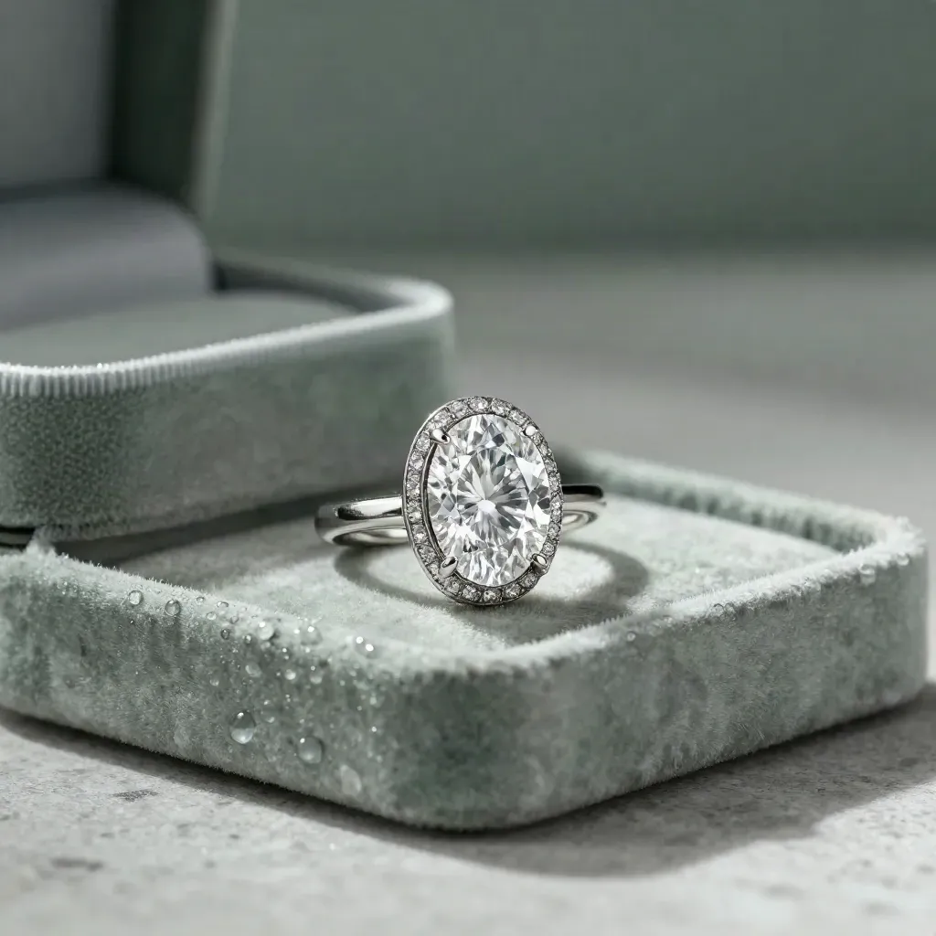 Oval halo ring setting with oval diamond, sizing band, velvet box and stone tray in soft studio light.