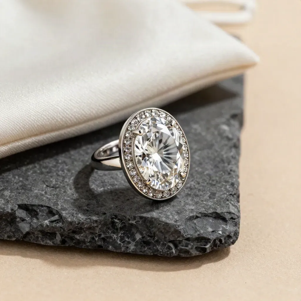 Oval hidden halo mount with diamond and satin pouch on graphite stone, lit dramatically