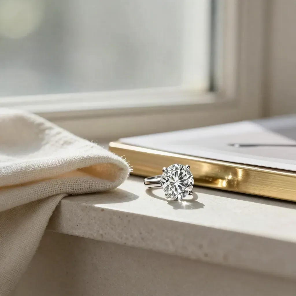Platinum radiant cut ring mount beside diamond, linen cloth and stone shelf in window light