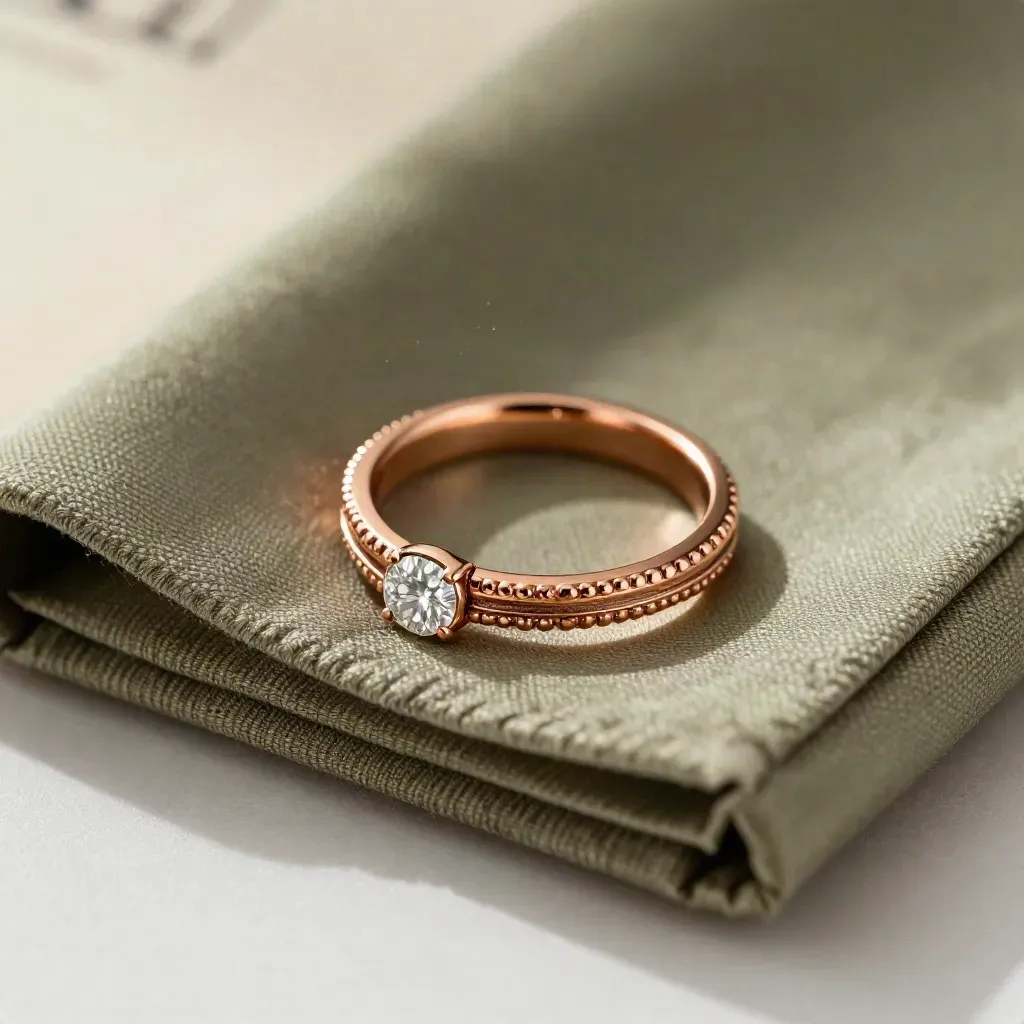 Rose gold milgrain ring setting with diamond on silk beside a lined case.
