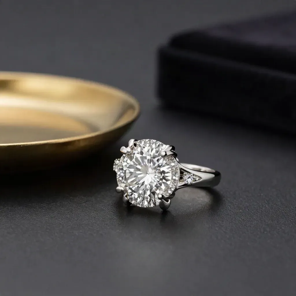 White-gold halo and solitaire mounts with three diamonds on a brushed gold tray in dramatic studio light