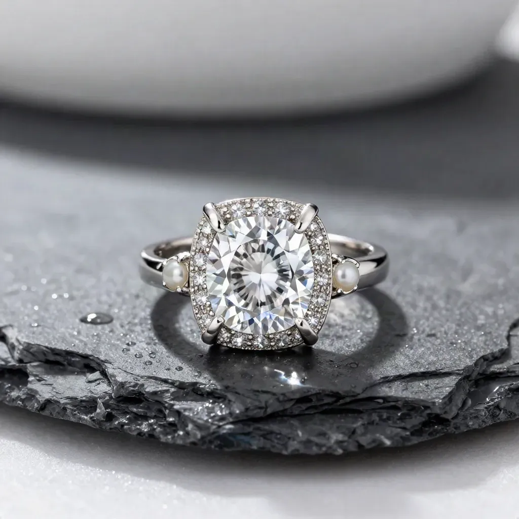 White-gold cushion halo ring on wet slate with two pale chips and cool mist.