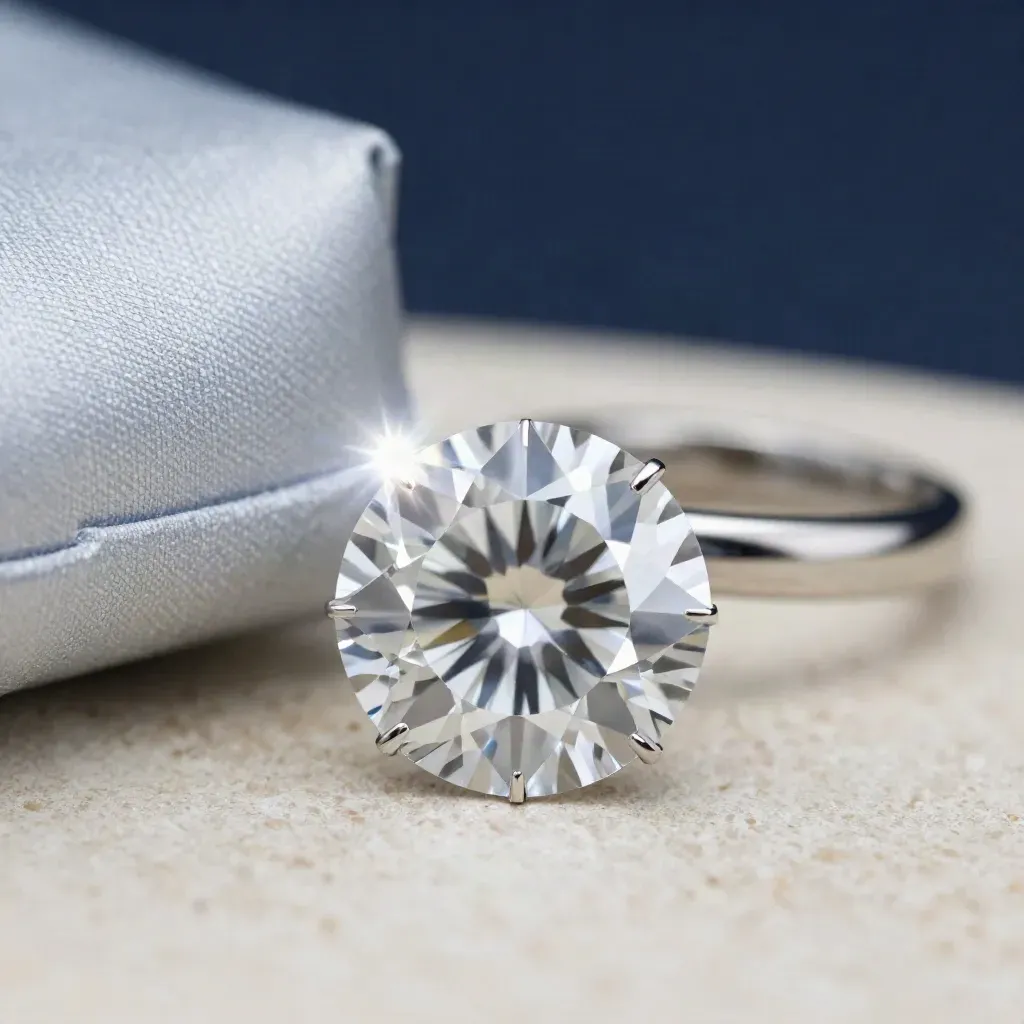 Macro diamond in clear cup with platinum pouch and blurred band on ivory stone