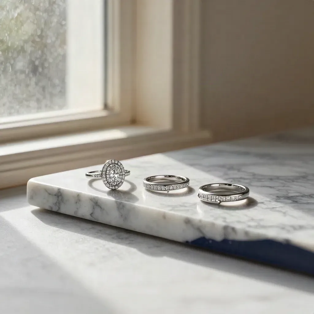 Halo ring settings on veined marble beside a frosted window in soft post-rain light.