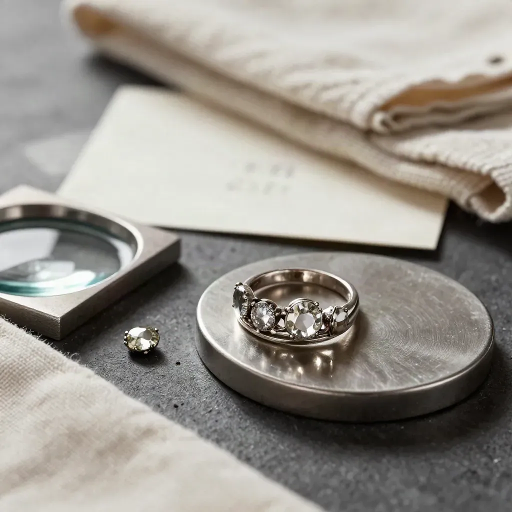 Platinum remodelling ring mount with old stones, tray and linen cloth on a jeweller’s bench