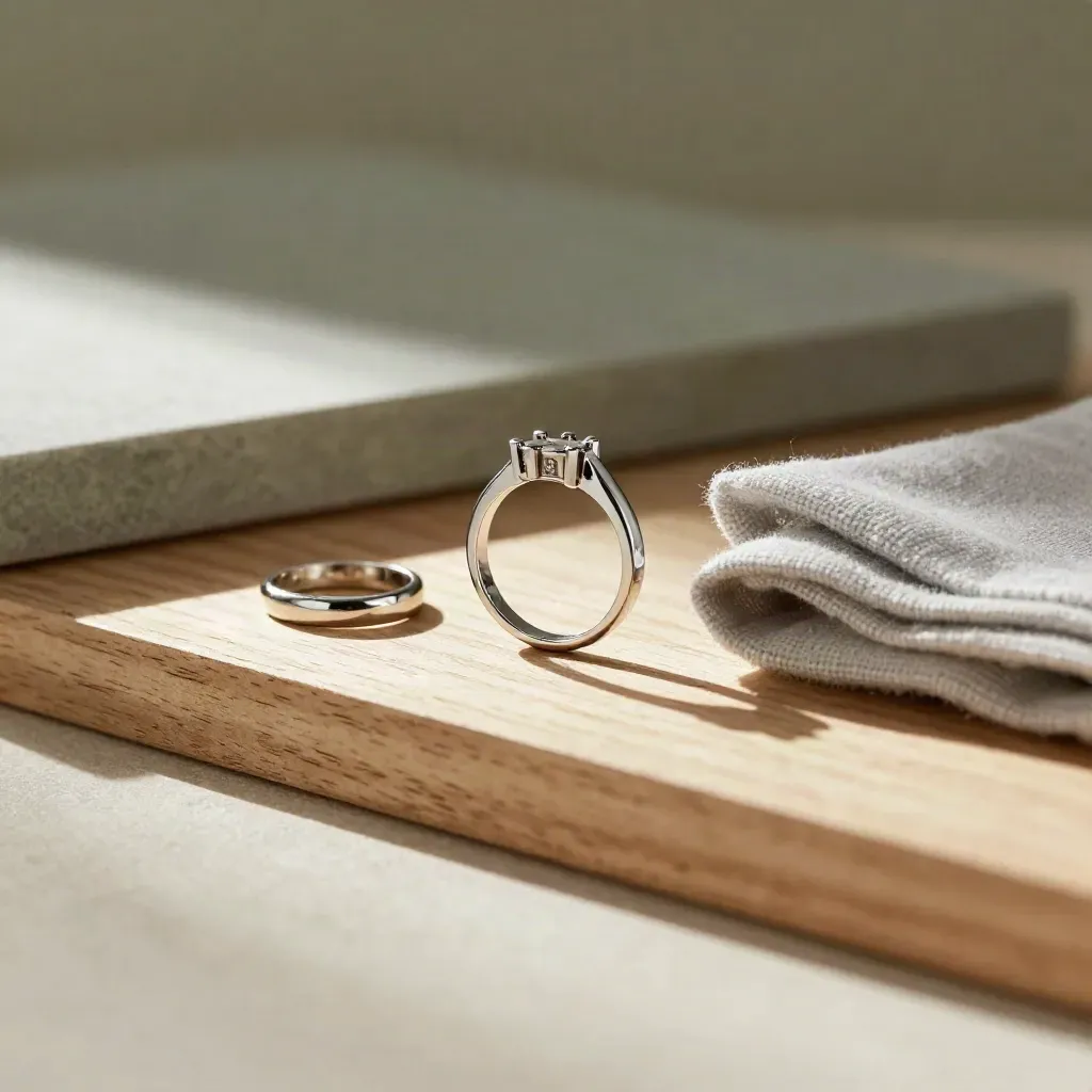 Platinum solitaire ring setting on oak and stone with velvet tray, lit by late afternoon sun